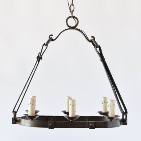 Vintage Iron Oval Shaped Chandelier suspended by Leather Straps