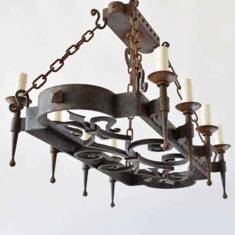 Long and Heavy French Iron Chandelier with Exceptional Blacksmith Forgings of Fleur De Lis