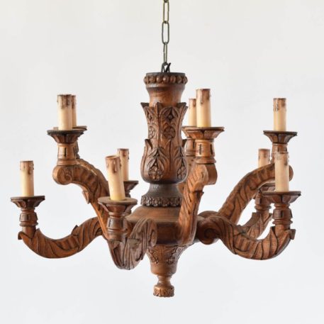 Vintage Wood Chandelier from France with Primitive Carved Arms