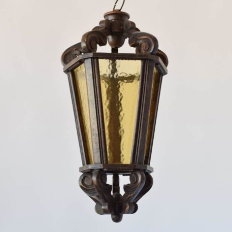 wood lantern hammered amber glass wood antique belgian