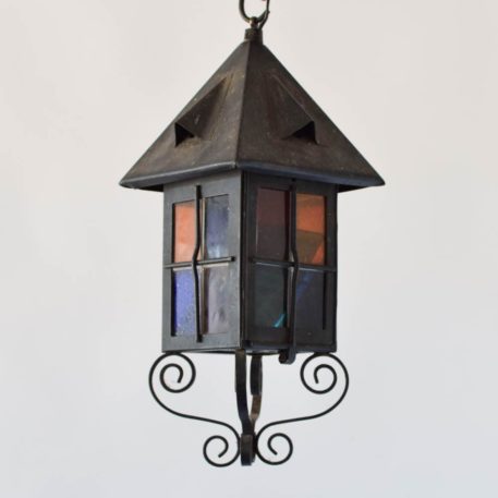 iron old lantern stained glass colored glass curly bottom lantern old antique vintage french