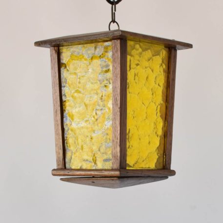 wood belgian antique vintage lantern with amber hammered glass light