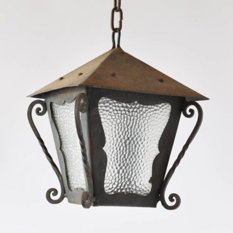 Simple Vintage Iron Lantern with 4 scrolls on the sides and original glass