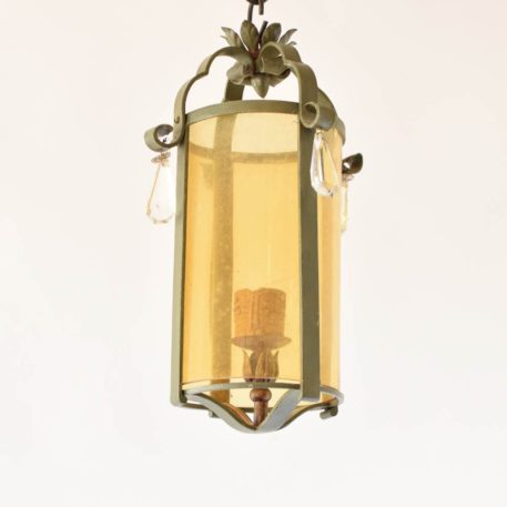 Round Vintage Iron Lantern with Amber Glass cyclinder accented by four crystal prisms