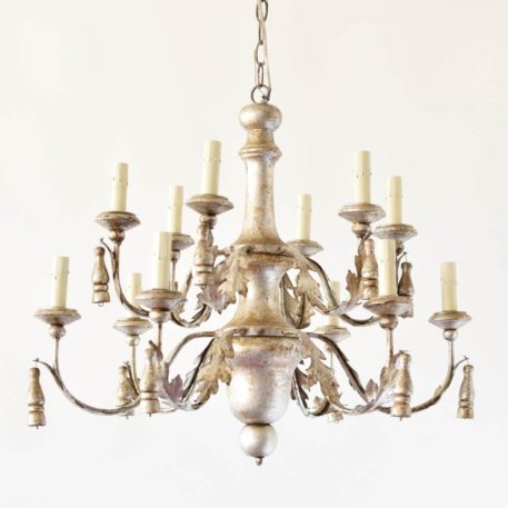 Italian wood and iron chandelier with painted silver finish decorated with iron leaves and wood tassels