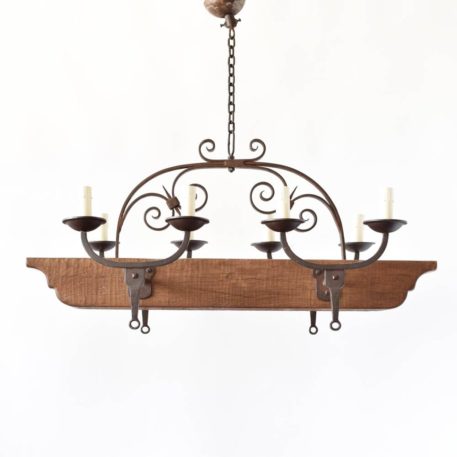 Rustic wood beam chandelier from Belgium with forged iron arms