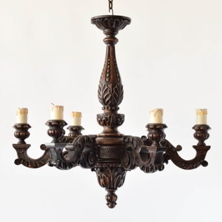 Heavily Carved Vintage Belgian Wood Chandelier