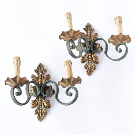 Vintage Iron Sconces with Green Arms and Antique Gold Leaf Backplates