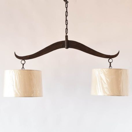 Elongated Iron Chandelier with Linen Drum Shades