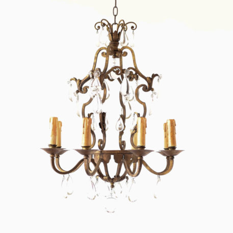 Antique French Iron Chandelier with Half Pear Crystals