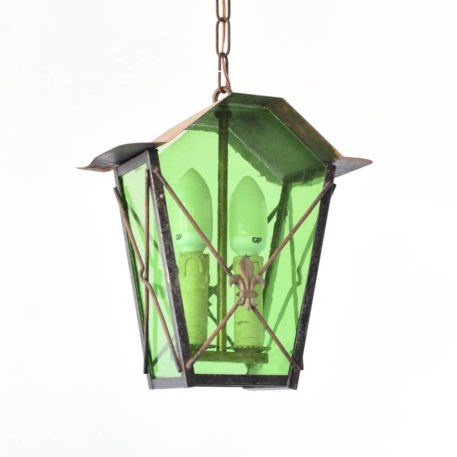 Vintage Iron Lantern with Green Glass