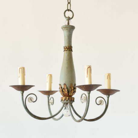 Vintage French Chandelier with Wood Column and Crystal Accents