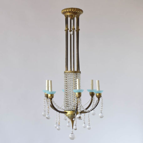 Antique French Chandelier with Clear Crystal Balls and Blue Bobesches