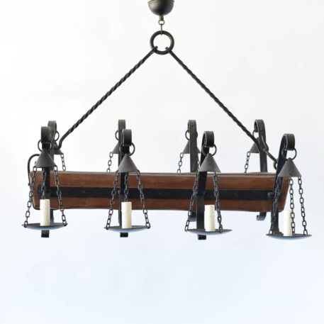 Antique Wood Beam Chandelier with 8 Iron Pendants holding electrified candles