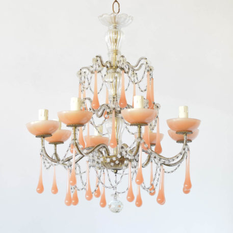 Vintage Italian Crystal Chandelier with Macaroni Beads and Opaque Pink Crystals on Iron Frame