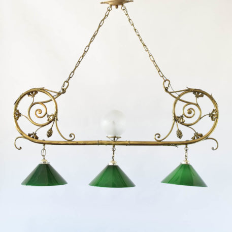 Antique Brass Pool Table Fixture with Green Glass Shades
