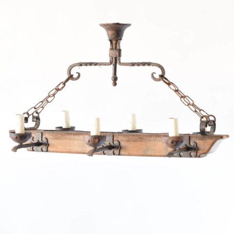 Rustic Wooden Beam Chandelier with twisted iron arms from Belgium