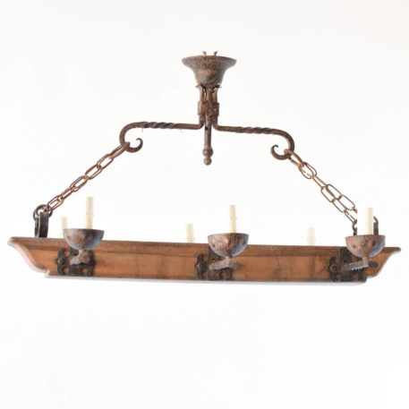 Rustic Wooden Beam Chandelier with twisted iron arms from Belgium