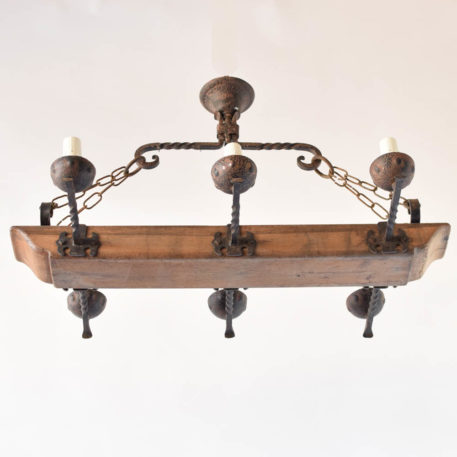 Rustic Wooden Beam Chandelier with twisted iron arms from Belgium