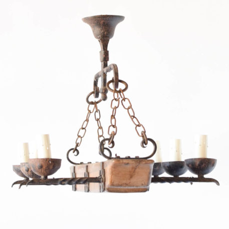 Rustic Wooden Beam Chandelier with twisted iron arms from Belgium