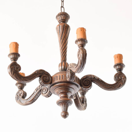 Vintage carved Wooden 5 Light Chandelier from Belgium