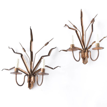 Pair of Cattail sconces from Europe with its back taking a form of leaves from Cattail plants