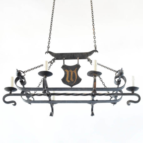 Long Flat iron chandelier with shield in center from Spain