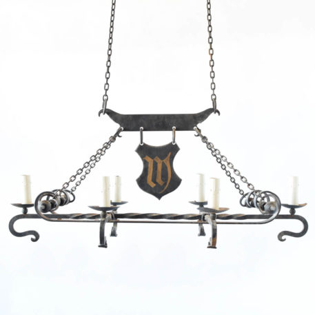Long Flat iron chandelier with shield in center from Spain