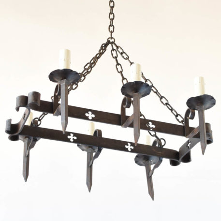 Elongated iron chanelier from Belgium with quatrefoil cut out design