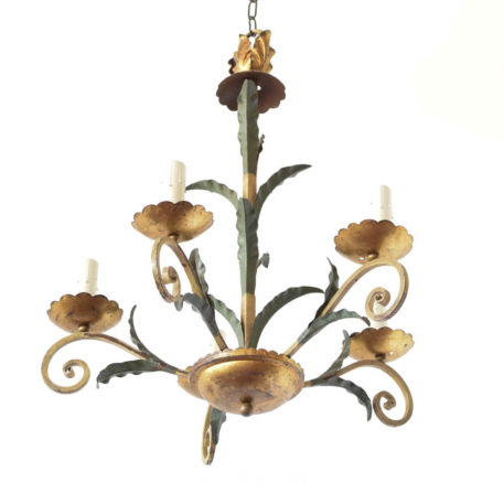Leafy gold and green iron chandelier from Europe