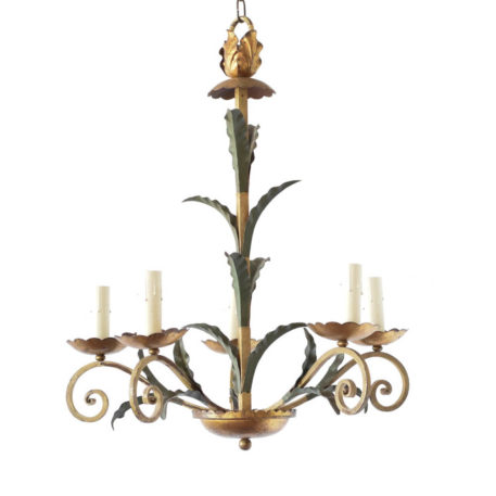 Leafy gold and green iron chandelier from Europe