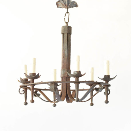 Very heavy forged iron basket form chandelier with rusty finish