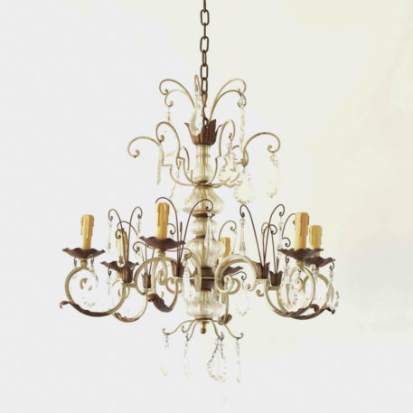 Vintage Iron Chandelier with Glass Column and Crystal Prisms