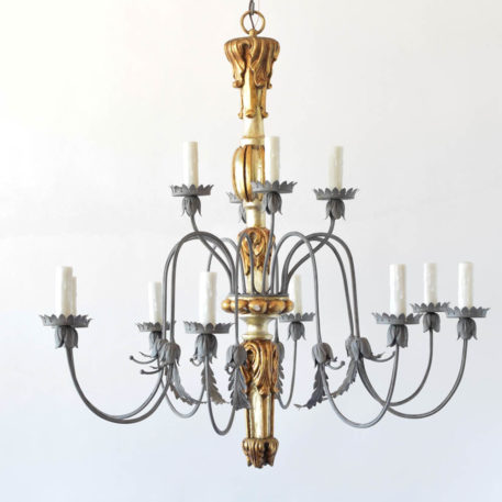 Vintage Italian Genoa Style chandelier with wood column and iron arms