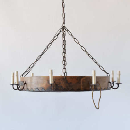 Rustic country chandelier made from an antique french sifter with custom iron arms