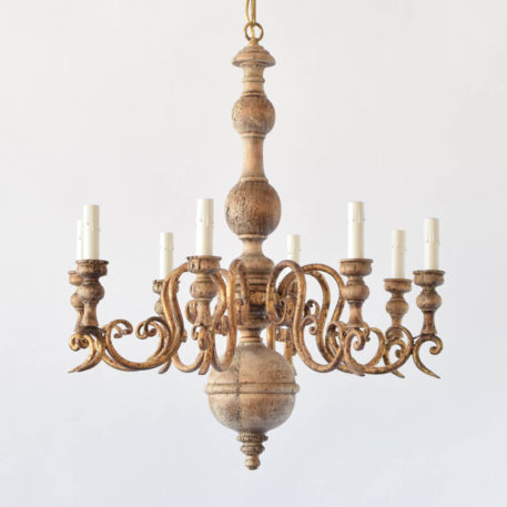 Vintage Italian Chandelier with Rustic Wood body and Gilded Iron Arms