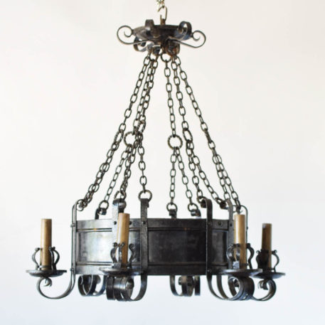 Large antique iron chandelier from France with tall band and forged iron arms