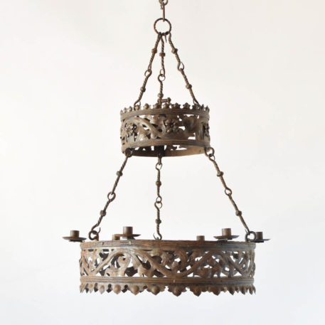 Antique French Iron chandelier with pierced metal band and crown