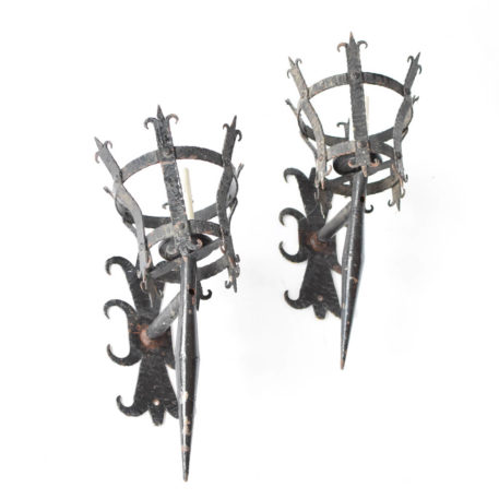 Large French Sconces with Torch form and fleur de lis back plate