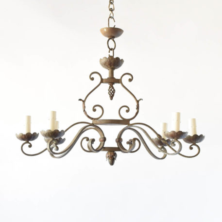 Iron Chandelier from France with twisted metal arms and leaves in an elongated form