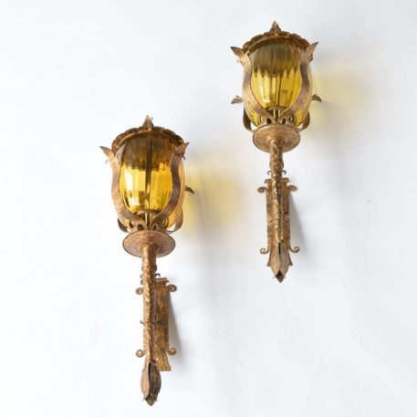Iron and Glass Sconces in a torch form with original gilded finish from Spain