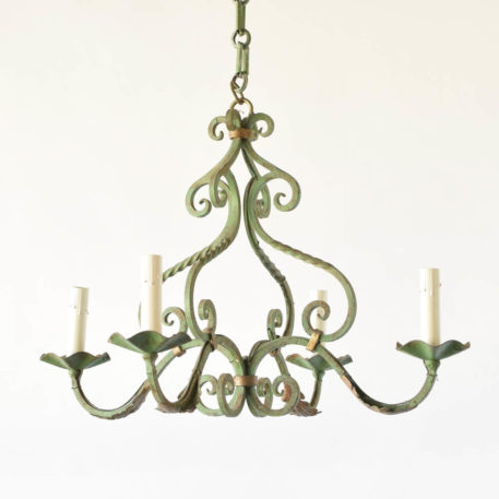 Vintage iron chandelier with original green French patina