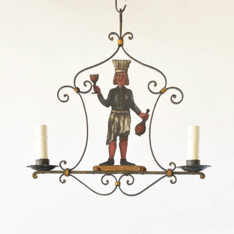 Vintage Iron chandelier from France with a painted cut out of a wine sommelier