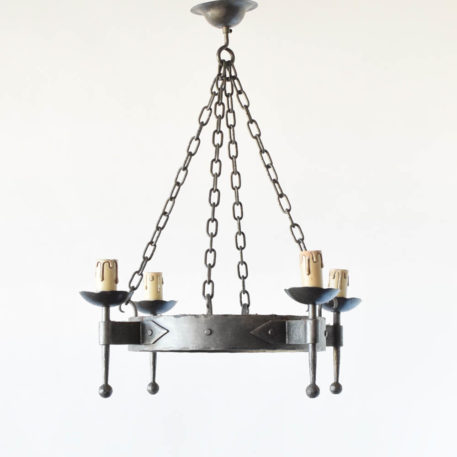 Pair of Vintage French Iron chandeliers with simple forged rings