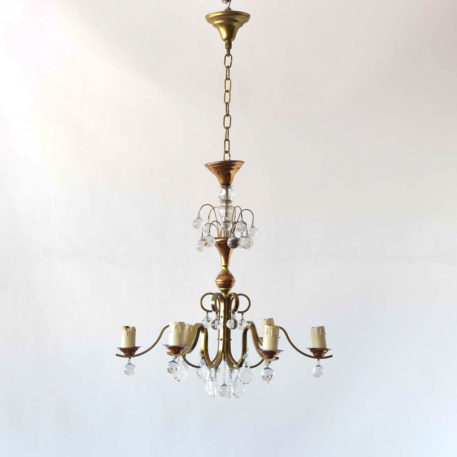 Copper and brass chandelier from Belgium with smooth crystal balls.. Art deco.