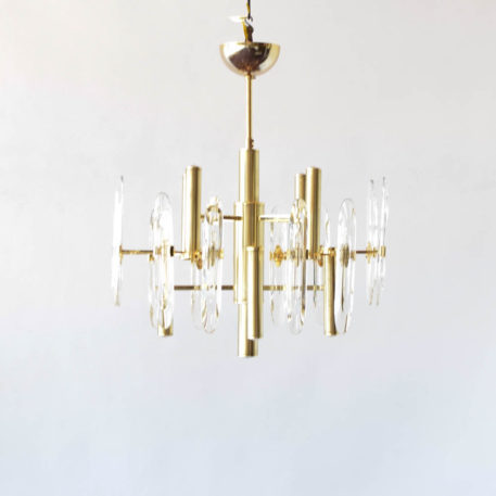 8 light mid century brass chandelier. Attributed to Boulanger with Sciolari design.