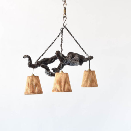 French grapevine chandelier with sisal rope shades and 3 lights.