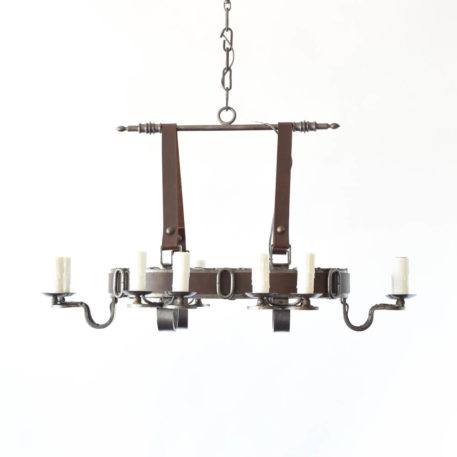 Rustic Flemish Chandelier from Belgium wirapped in leather band hung from 2 leather straps