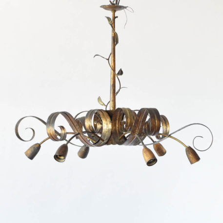 Gold Chandelier from Spain Suspended by 1 Rod with 6 Down Lights and 1 Center Light