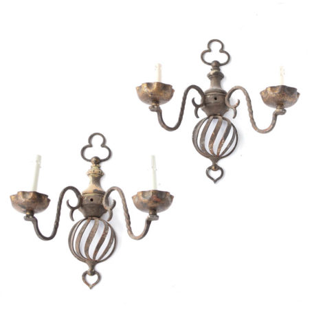 Pair of wood and iron Flemish 2 light sconces